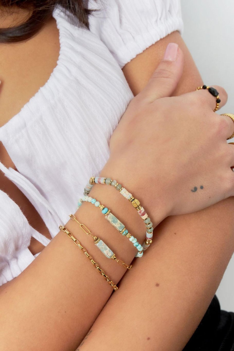 Link bracelet with stone pendant - Natural stones collection Pink &amp; Gold Color Stainless Steel Picture2